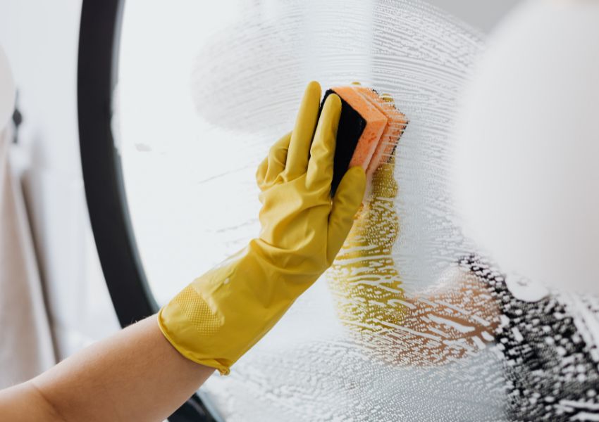 A landlord's hand, covered by a yellow latex glove, cleans a circular mirror with a sponge and spray.